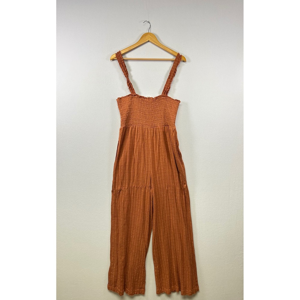 Roxy Jumpsuit Women XL Terracotta Orange Smocked Wide Leg Ruffle Strap Boho - Picture 2 of 11